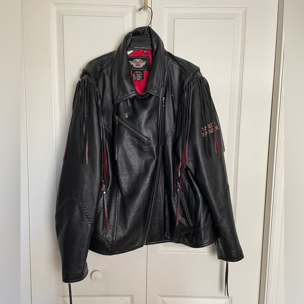 Vintage Harley Davidson 100% Genuine Leather Red Ombré Fringe Jacket